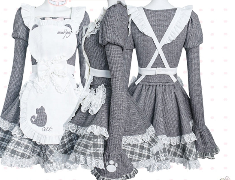 Gray Knitted Top Kitten Embroidered Apron Gray Knitted Cake Dress