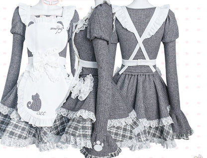 Gray Knitted Top Kitten Embroidered Apron Gray Knitted Cake Dress