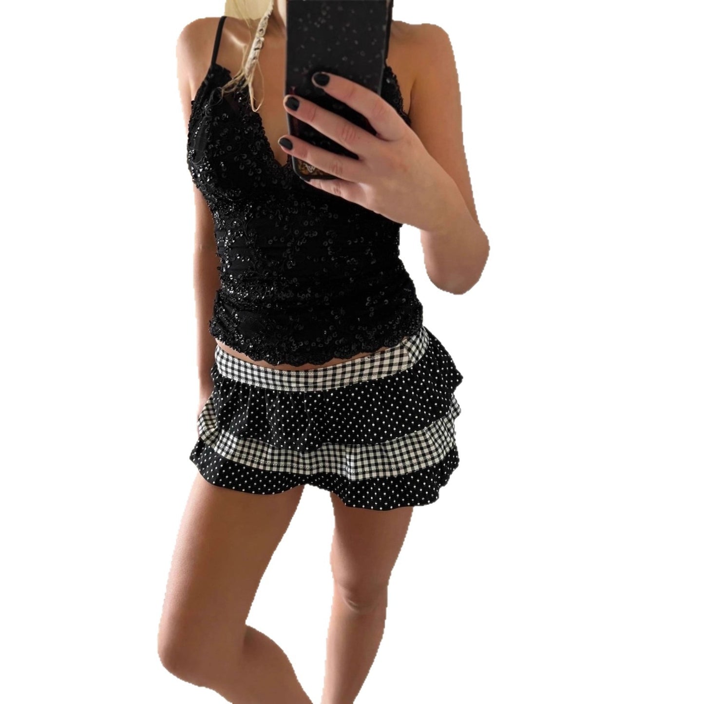 American-style Low Waist Multi-layer Wave Dot Plaid Cake Skirt