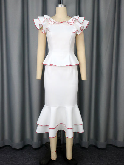 Women's Ruffled Contrast Color Top Temperament Slim Fishtail Skirt Suit