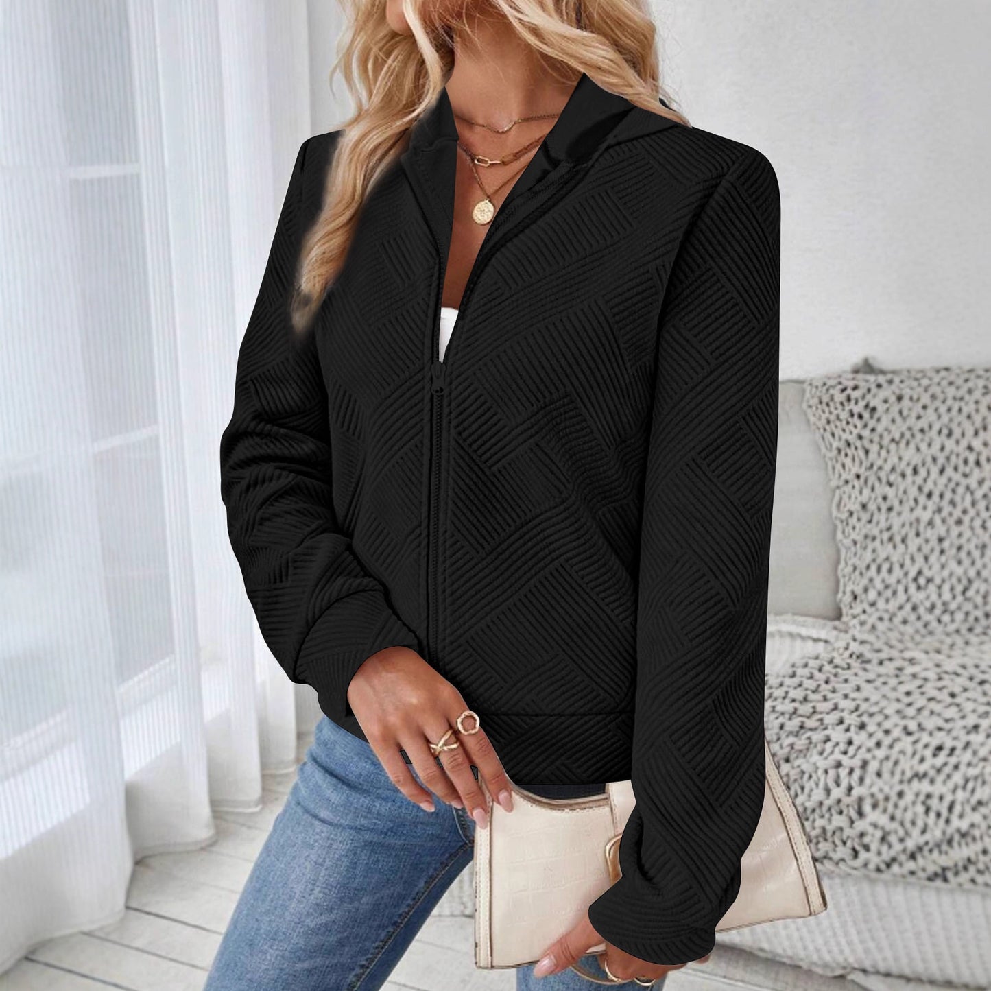 Jacquard Hooded Casual Long Sleeve Cardigan Zipper Coat