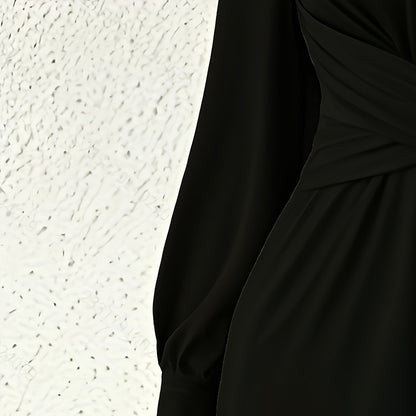 Women's Elegant Jumpsuit With Cross V-Neck & Long Sleeve Solid Color Belted Wide Leg Pantsuit For Office And Formal