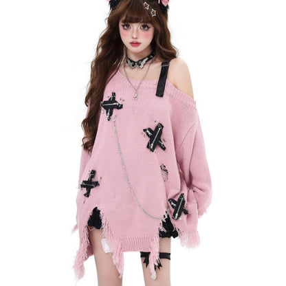 Hot Girl Ripped Tassel Off-the-shoulder Sweater For Women Autumn And Winter Loose