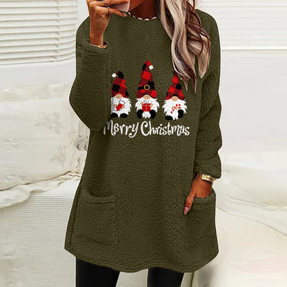Christmas Letter Printing Round Neck Loose Long Sleeves Pocket Fleece Sweatshirt