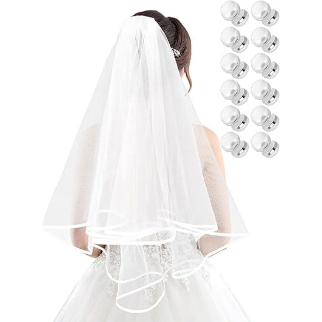 Bridal Veil Wedding Veil Weights Short 2 Tier Veil And 12 Pairs Veil Weights Magnetic Double Sided Artificial Pearls Silver Button For Bachelorette Party Bridal Shower Veil First Communion-Clearance