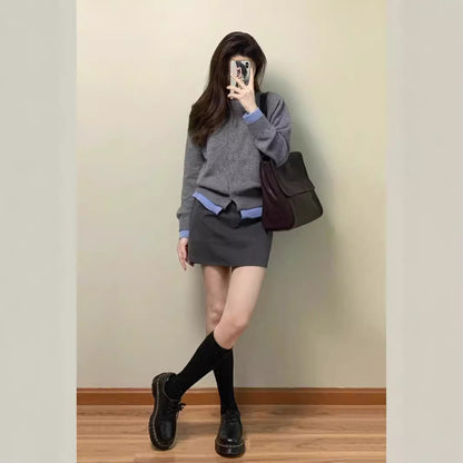 Idle Style Contrast Color Sweater Female Early Autumn Retro College