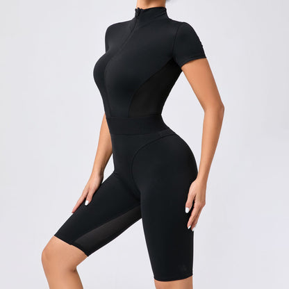 Tight Waist Open Collar Zipper Short Sleeve Yoga Jumpsuit Women