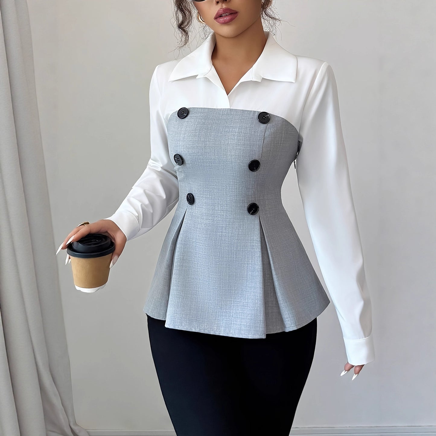 Women's Long-sleeved Contrast Color Double Breasted Fitted Waist Shirt