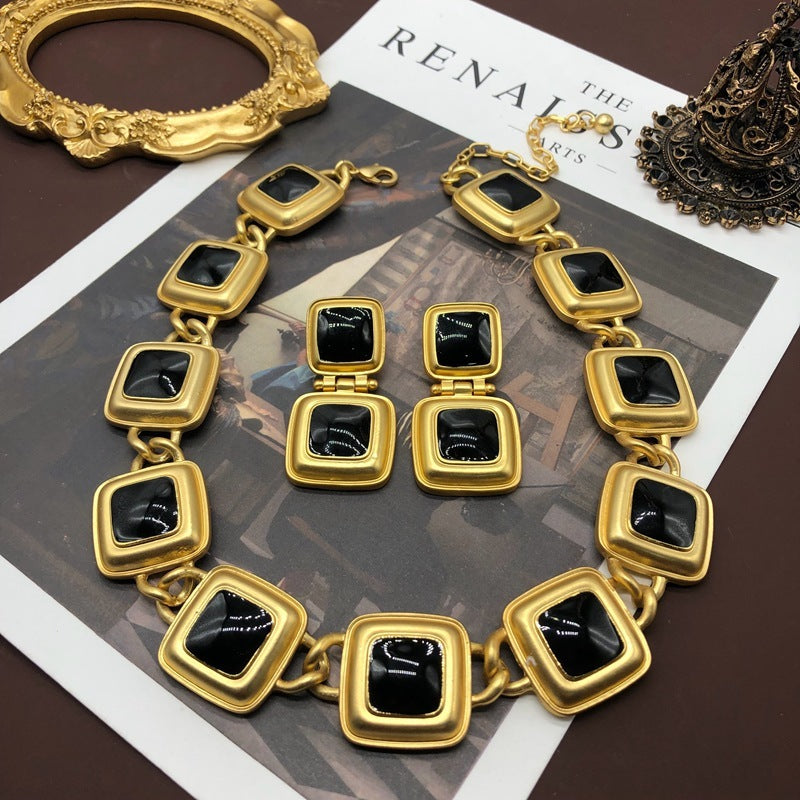 Antique Necklace Earrings Classic Black Enamel Necklace Suit