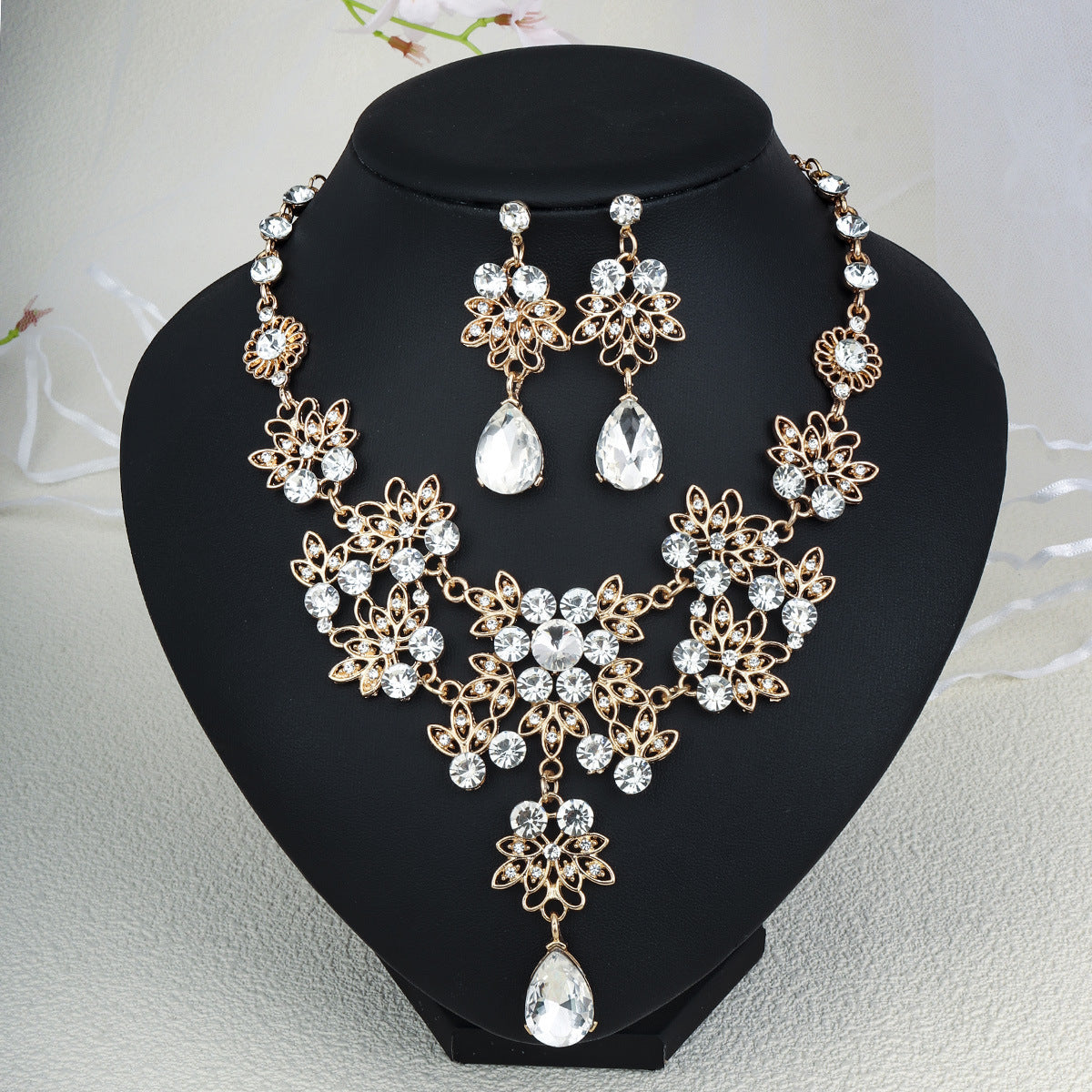 Rhinestone Pearl Earrings & Necklace Set for Women