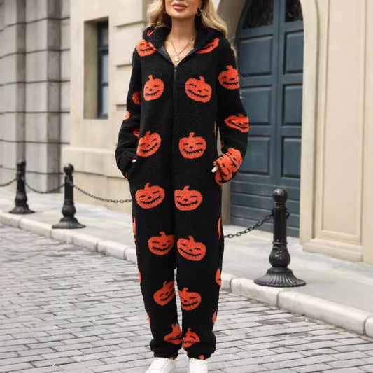 European And American Autumn And Winter New Halloween Pumpkin Print Loose Zip Plush Jumpsuit