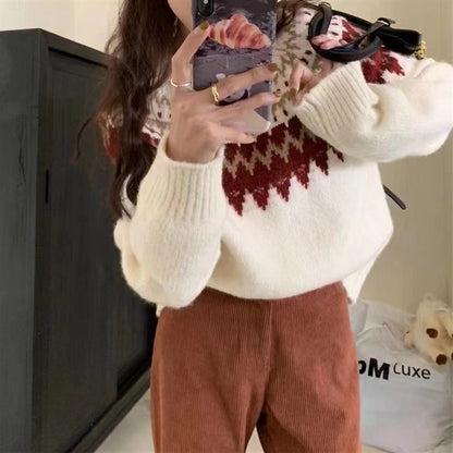 Loose Knitted Round Neck Pullover Red Sweater