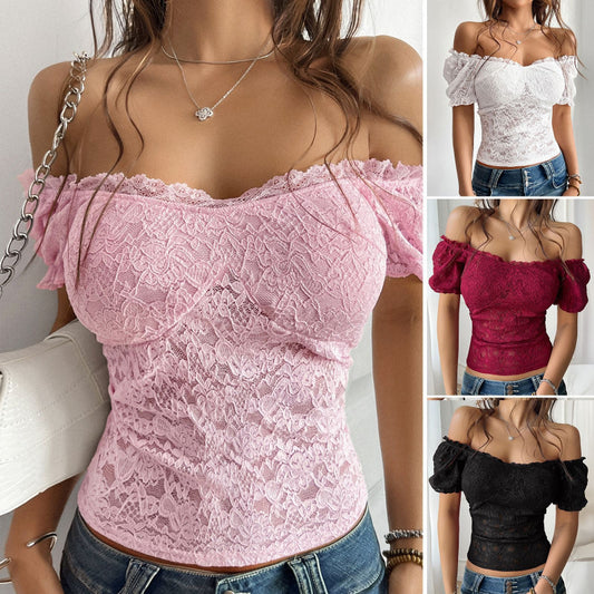 Lace Top Sexy Cutout Bare Midriff Slim Fit Off-shoulder