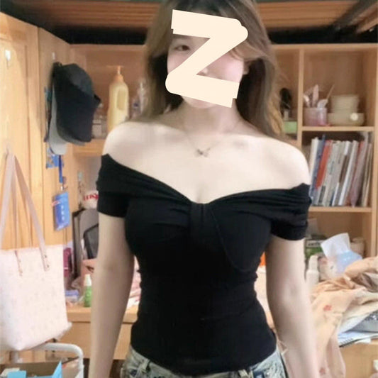 Female Solid Color One Shoulder Off Shoulder V-neck Short Sleeved Shirt