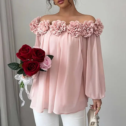 Women's 3D Floral Off Shoulder Blouse, Elegant Long Sleeve Ruffle Sheer Shirt For Party, Evening Dressy Top