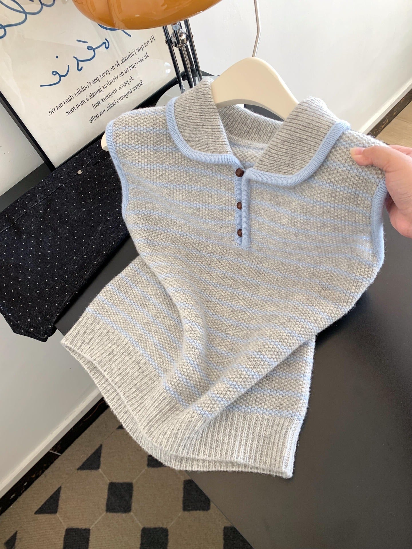 Early Autumn Lazy Korean Style Blue And White Stripes Knitted Vest Women