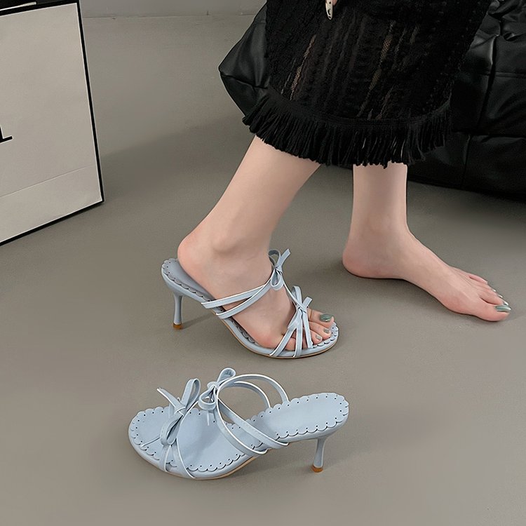Butterfly Knot Slim Heeled Sandals For Women, Versatile And Showcasing A White Temperament. One And A Half Drag French Style Open Toed High Heels