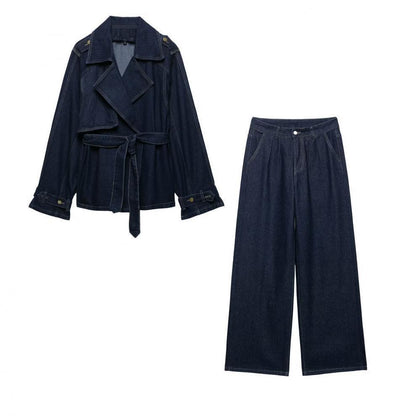 Casual Blue Belt Short Wide Design Denim Trench Coat