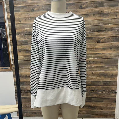Women's Striped Sweatshirt Size Slit Long Sleeve Shirts For Women Crewneck Hoodies Casual Pullover Top