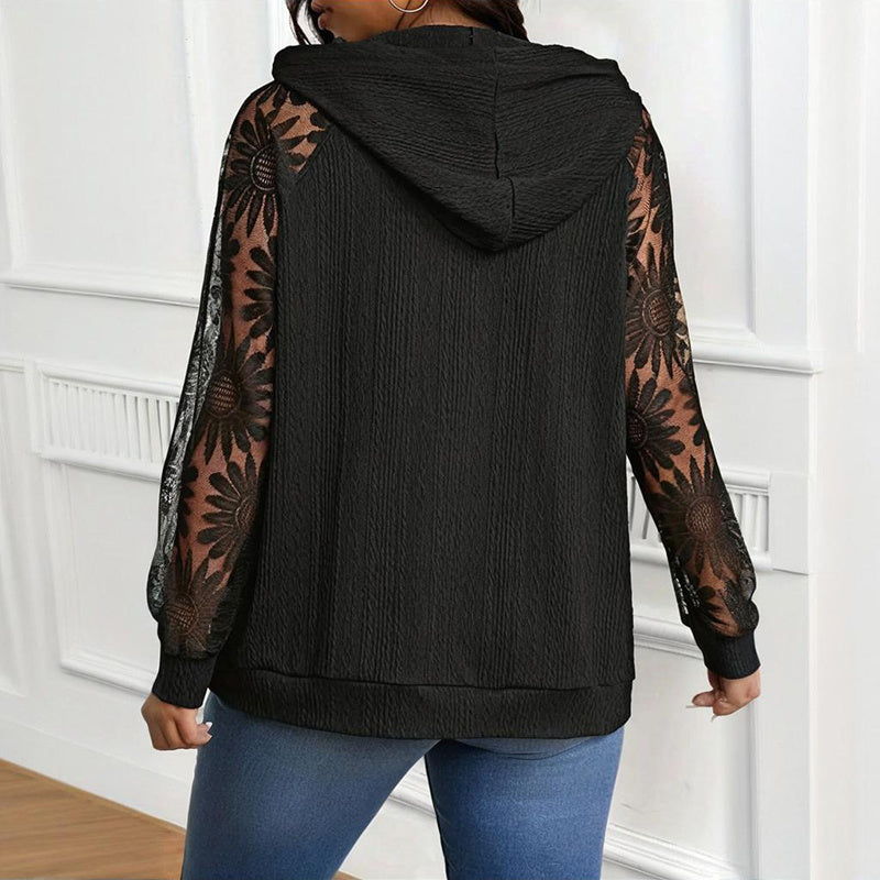 Women's Plus Size Hoodie Lace Long Sleeve Pullover Top, Fall Casual Drawstring Sweatshirt