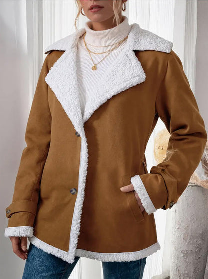 New Women's Suede Lapel Mid-length Woolen Casual Warm Jacket