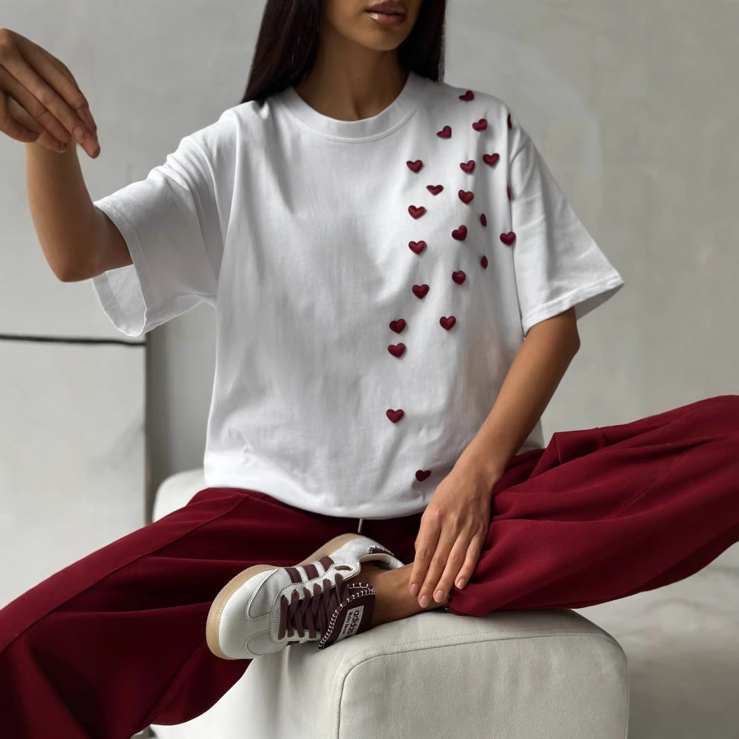 Women's Love Embroidered Casual Round Neck Short Sleeves