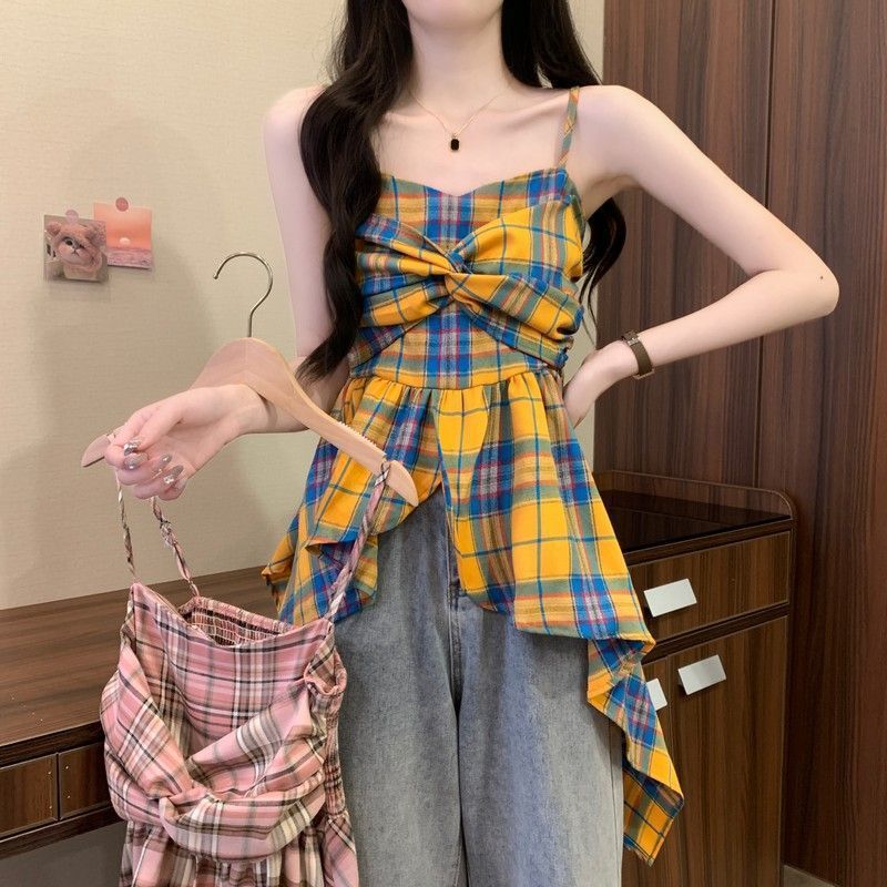 Dopamine Contrast Color Plaid Irregular Spaghetti-strap Vest