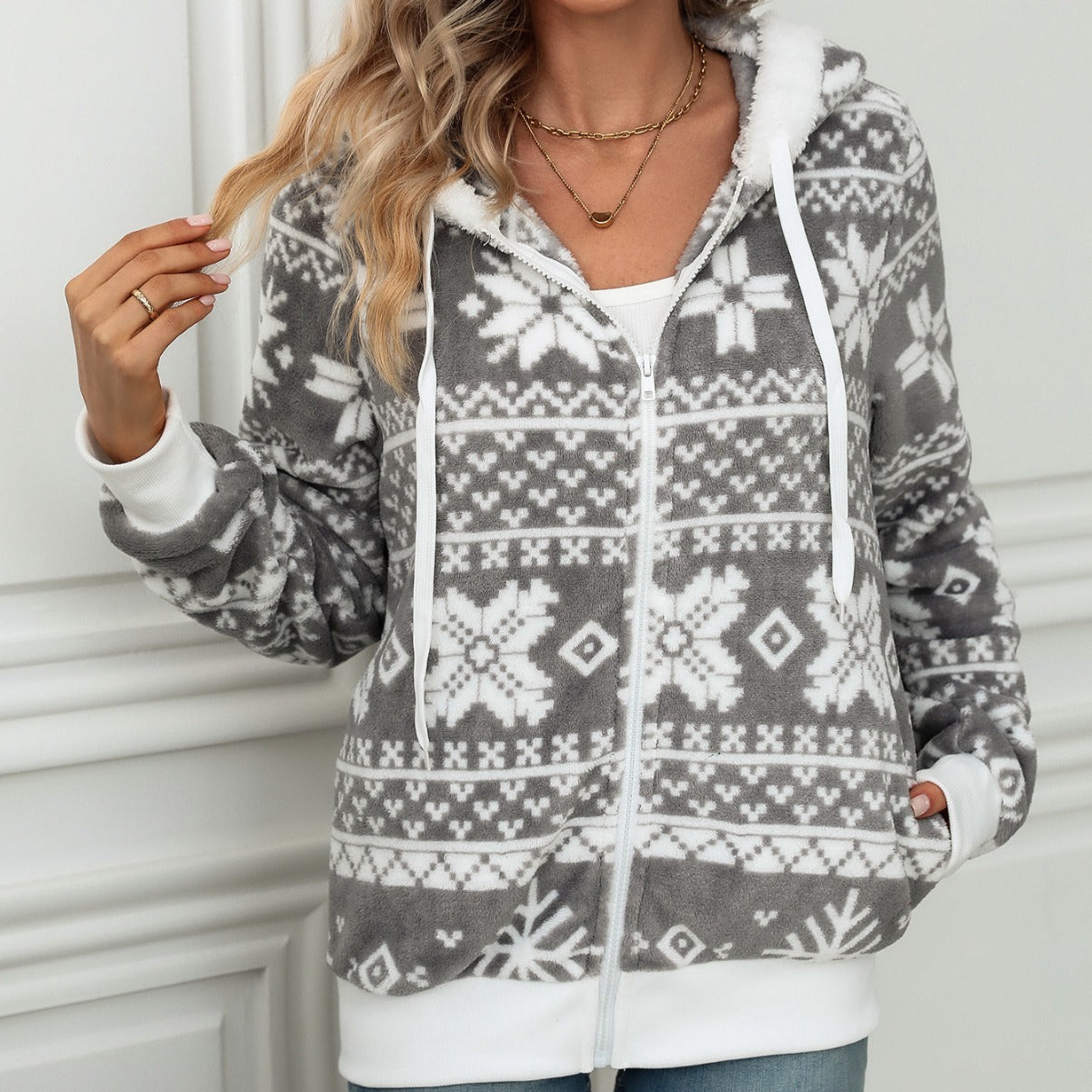 European And American Autumn And Winter New Hooded Cardigan Christmas Style Printed Plush Coat