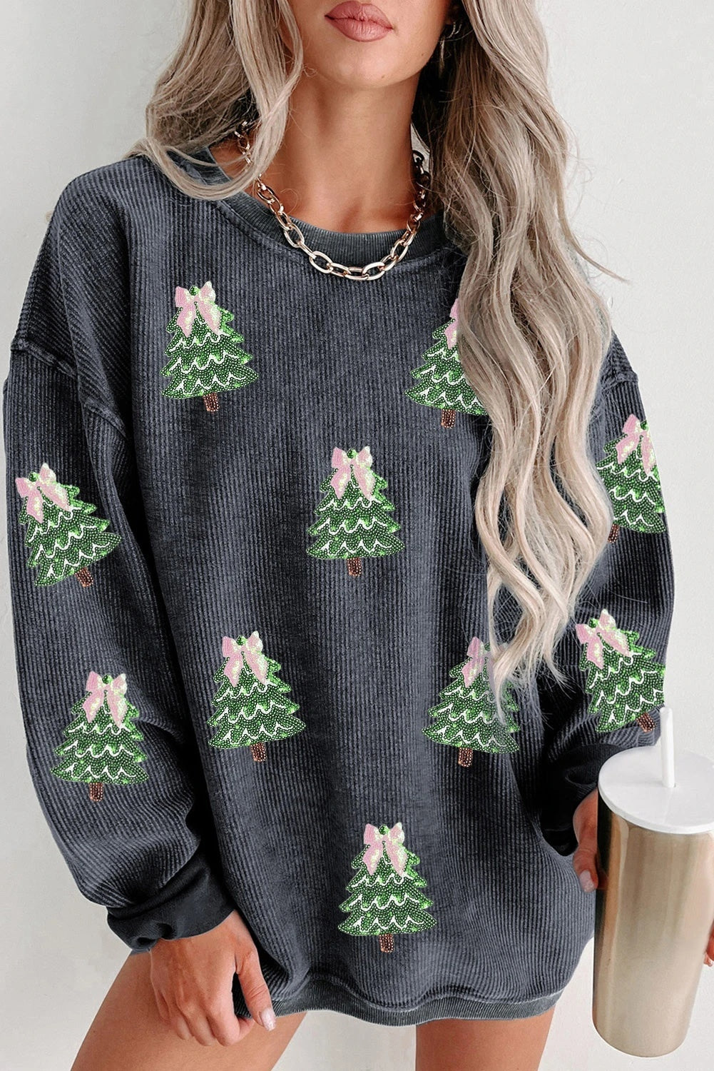 Round Neck Sequins Christmas Tree Rib Sweater For Women