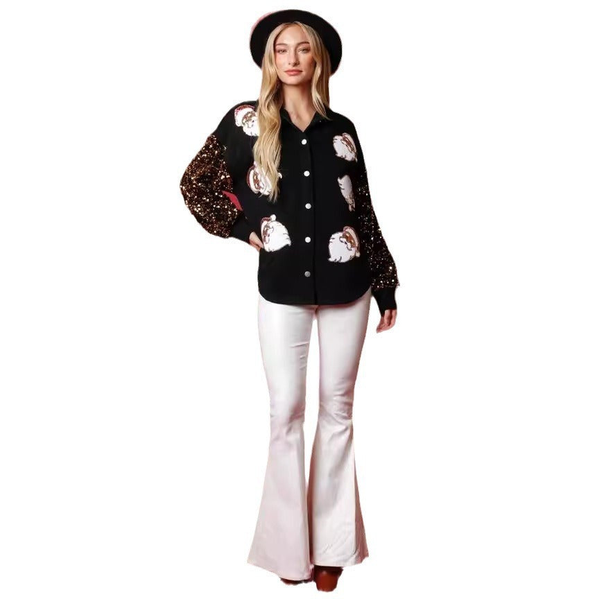 Women's Long-sleeved Button Fleece Shirt Sequined Sleeve Coat