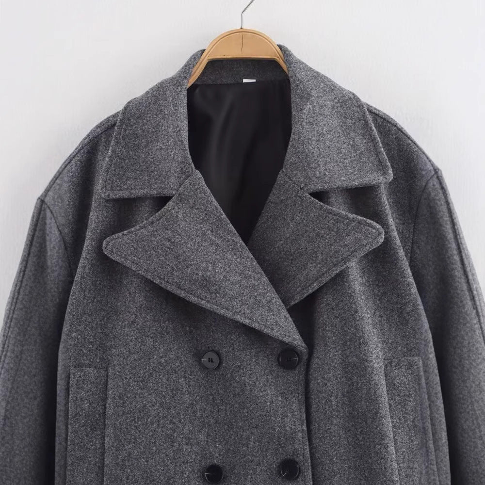 Gray Suit Woolen Jacket Women's Loose Double-breasted Short Coat