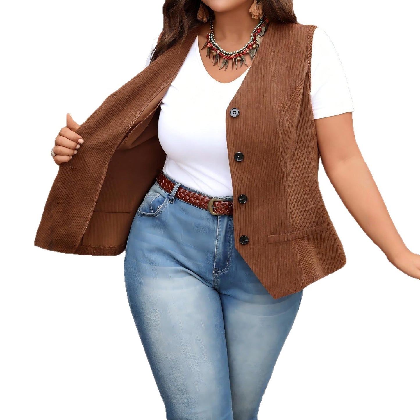 Women's Solid Color Loose Fit Slim Corduroy Vest Coat