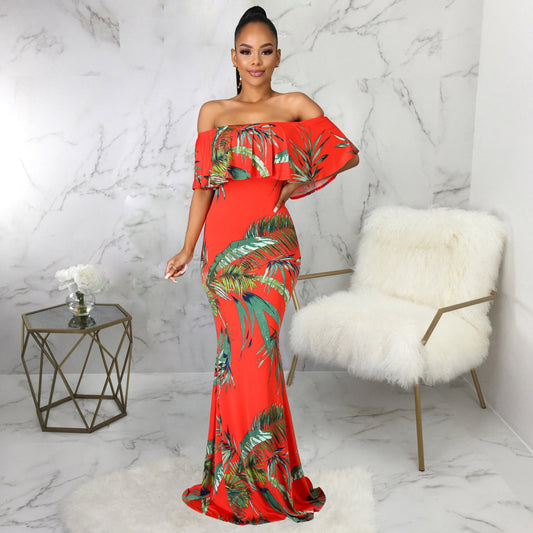 Fashion Digital Printing Off-neck Tube Top Dress
