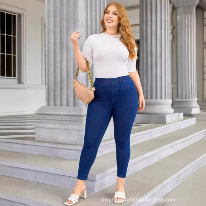 Plus Size Denim Elastic Waist Cropped Skinny Pants Elastic