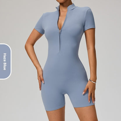 Zipper Short Sleeve Yoga Jumpsuit Women's Sports Jumpsuit
