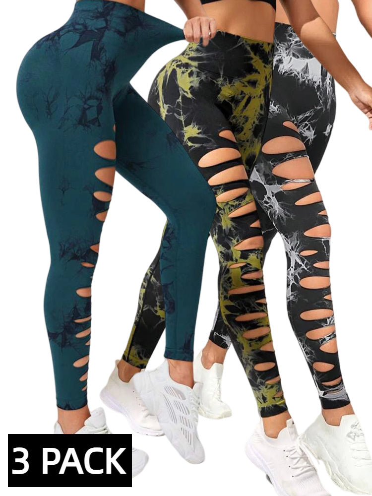 3 PACK Butt Lifting Yoga Gym Athletic Pants, Hollow Out Tummy Control Sports Leggings Tie Dye Running Pants