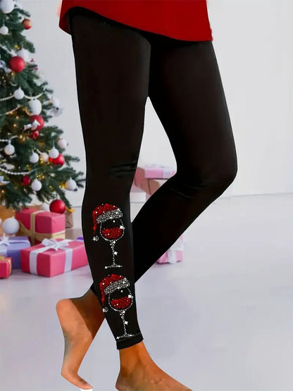 Hat Wine Glass Christmas Tree Sequined Printed Leggings