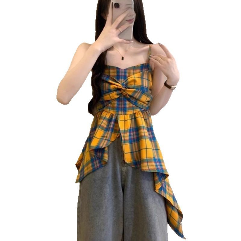 Dopamine Contrast Color Plaid Irregular Spaghetti-strap Vest