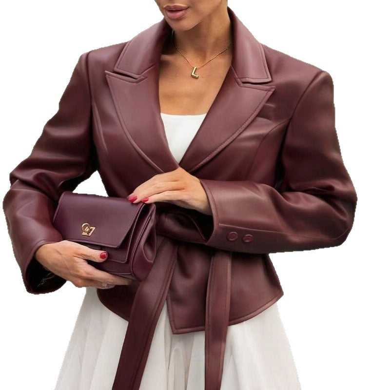 Women's Solid Color Long Sleeve Lace-up Small Suit Jacket