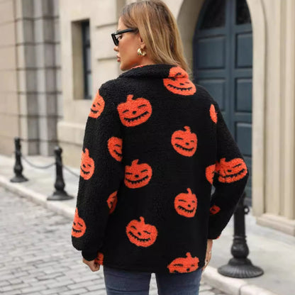 Autumn And Winter New European And American Halloween Pumpkin Print Half Zipper Plush Pullover Sweater