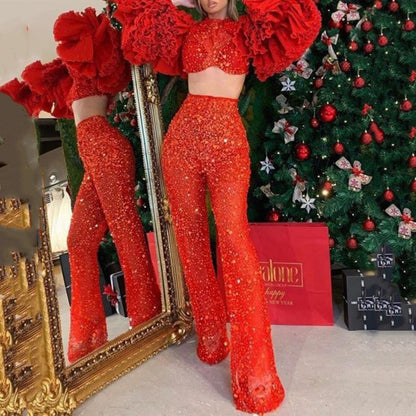 Women's Fashion Midriff-baring Long Sleeve Solid Color Suit