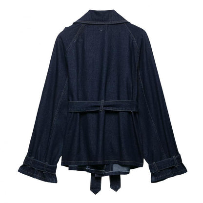 Casual Blue Belt Short Wide Design Denim Trench Coat