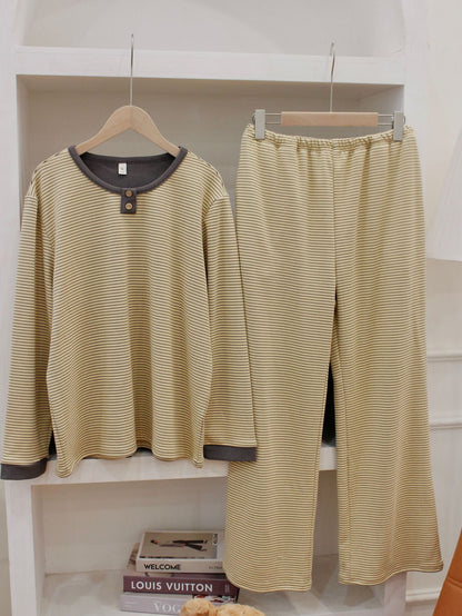 Round Neck Pullover De Velvet Pajamas Women's Autumn Long-sleeved Trousers Striped Homewear Suit