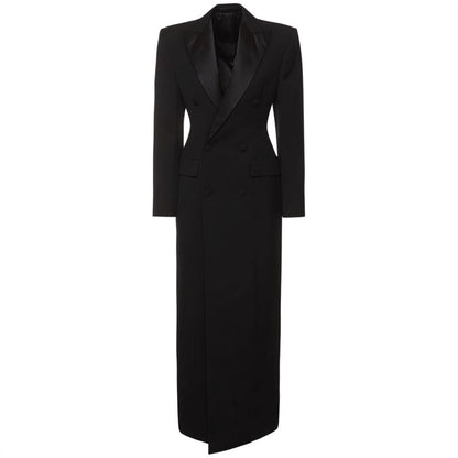 Satin Inlaid Color Collar Double Breasted Black Suit Fashion Trench Coat