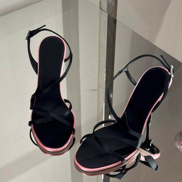 Chuyuji Black Stiletto High Heels 2026 New Summer Open Toe One Strap Satin Color Block Elegant Dating Sandals