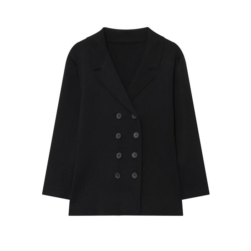 Temperament Female Knitted Double-breasted Coat Midi Skirt