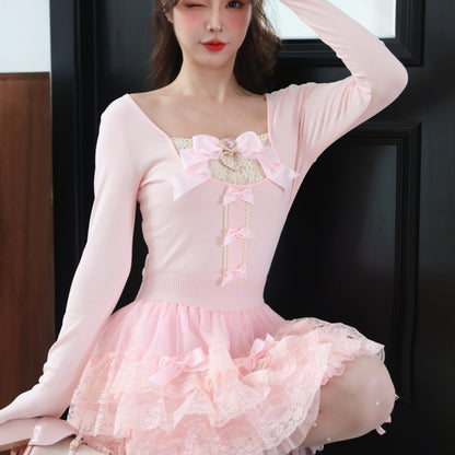 Elegant Ballet Style Princess Bowknot Pearl Heart Slimming Short Top