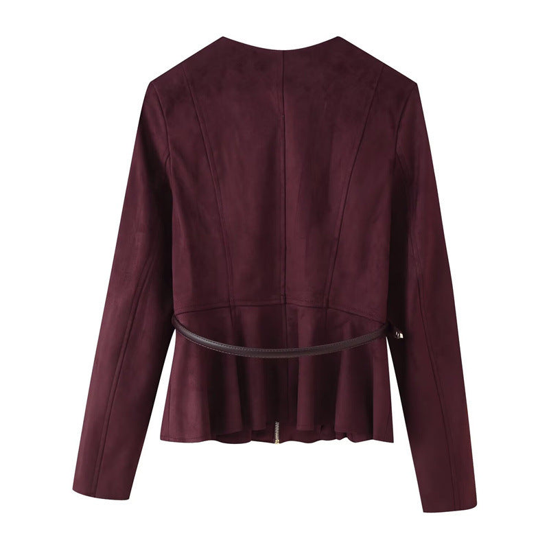 Women's Belt Suede Short Skirt Hem Jacket