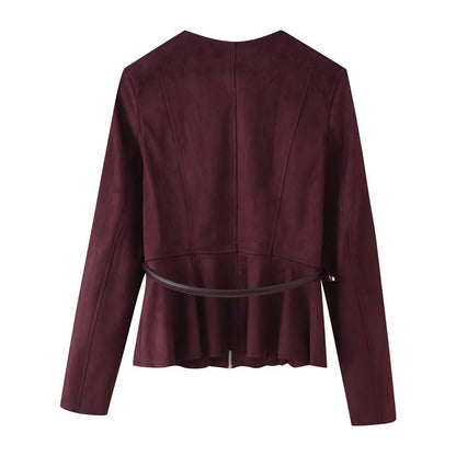 Women's Belt Suede Short Skirt Hem Jacket