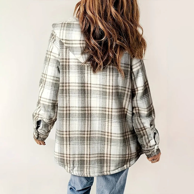 Women's Plaid Button-Up Long Sleeve Jacket Fall Winter  Flap Button Pocket Design Casual Hooded Fleece-Lined Warm Coat